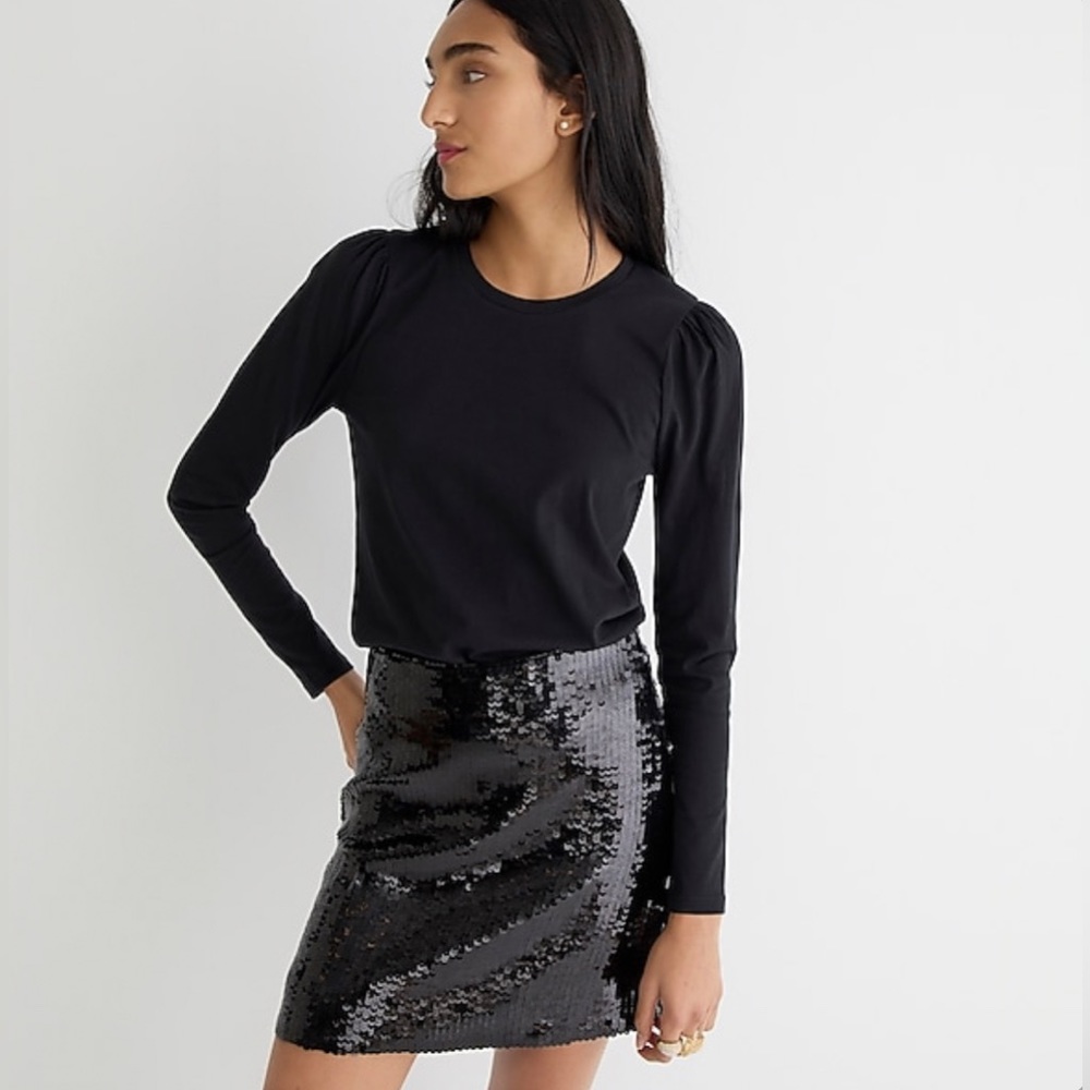 NWT J Crew Puff-sleeve Cotton Crew Neck Long Sleeve in Black